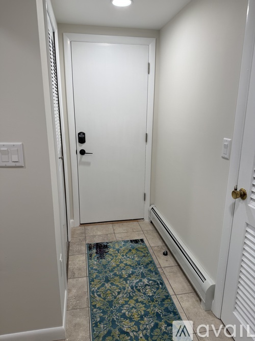 A hallway with a white door and a rug on the floor.