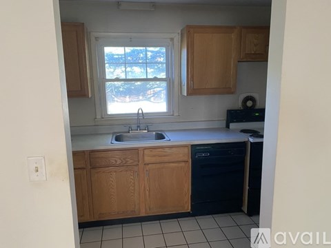 A kitchen with wooden cabinets and a window.
