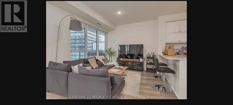 A living room with a grey couch and a television.