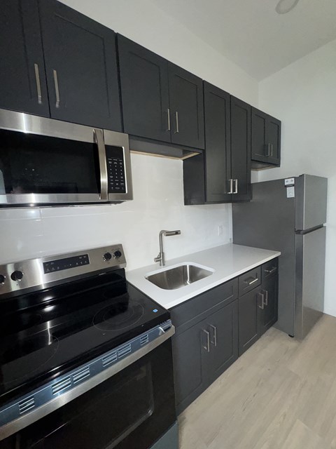 A kitchen with black cabinets and stainless steel appliances.
