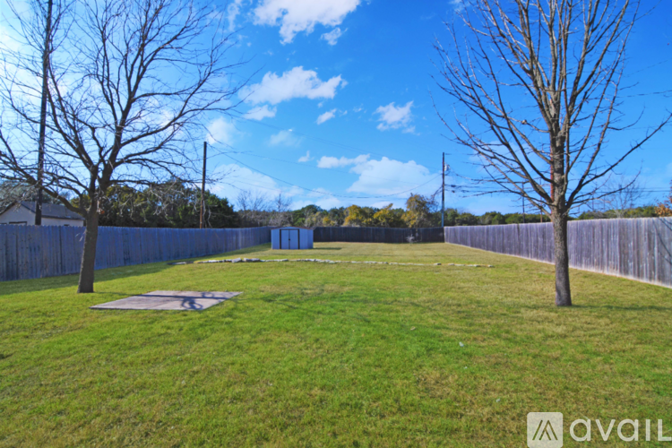 A backyard with a fence and two trees.