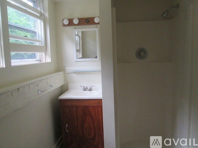 A bathroom with a sink, mirror, and shower.