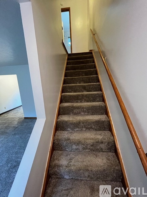 A staircase with a carpeted runner and wooden handrails.