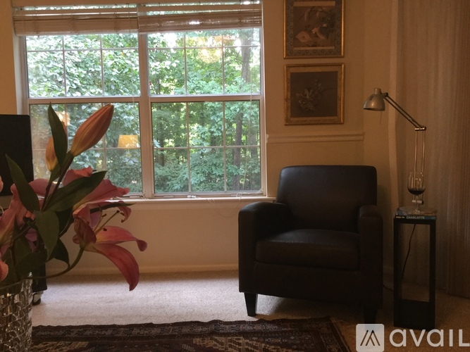 A living room with a black chair and a vase of flowers.