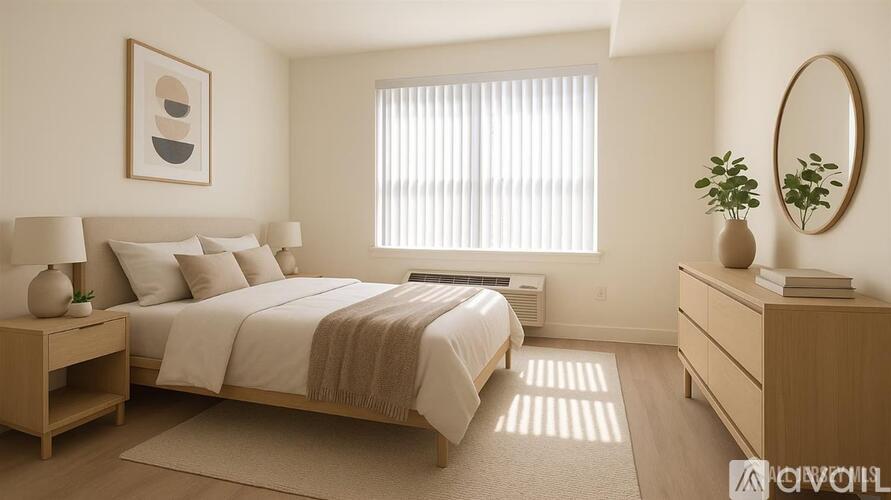 A bedroom with a large bed, a nightstand, and a plant on the side table.