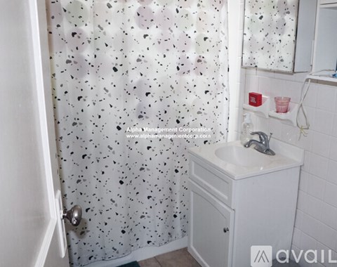 A bathroom with a sink, mirror, and shower curtain.