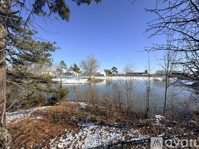 A serene landscape with a lake, bare trees, and a clear blue sky.