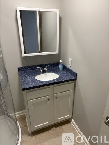 A bathroom with a sink and a mirror above it.