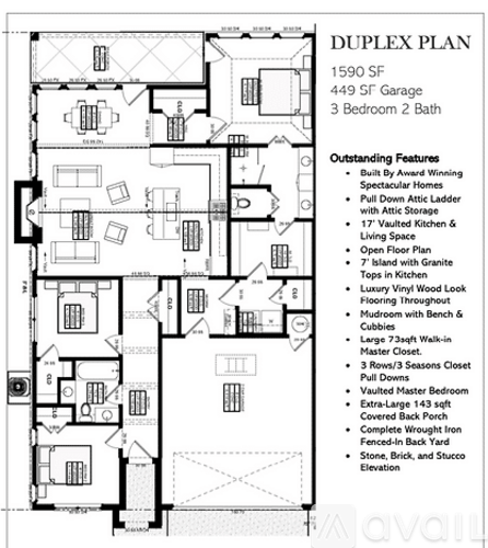 A floor plan for a duplex house with 3 bedrooms and 2 bathrooms.