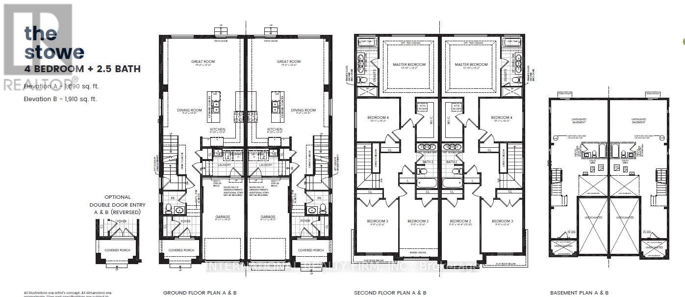 A set of three floor plans for a 4 bedroom, 2.5 bath home.