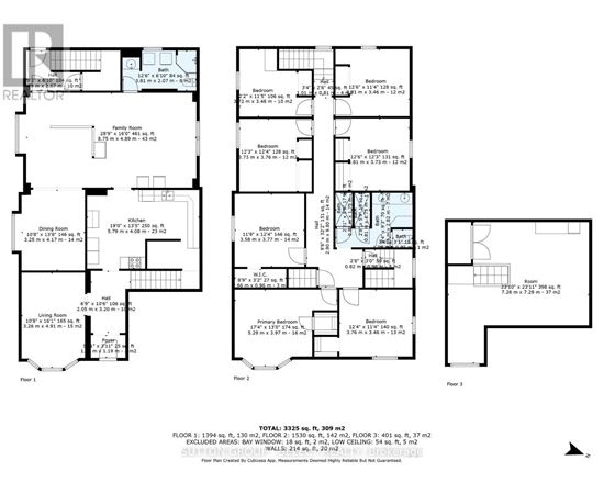 A floor plan for a three-story residential building with detailed room measurements.