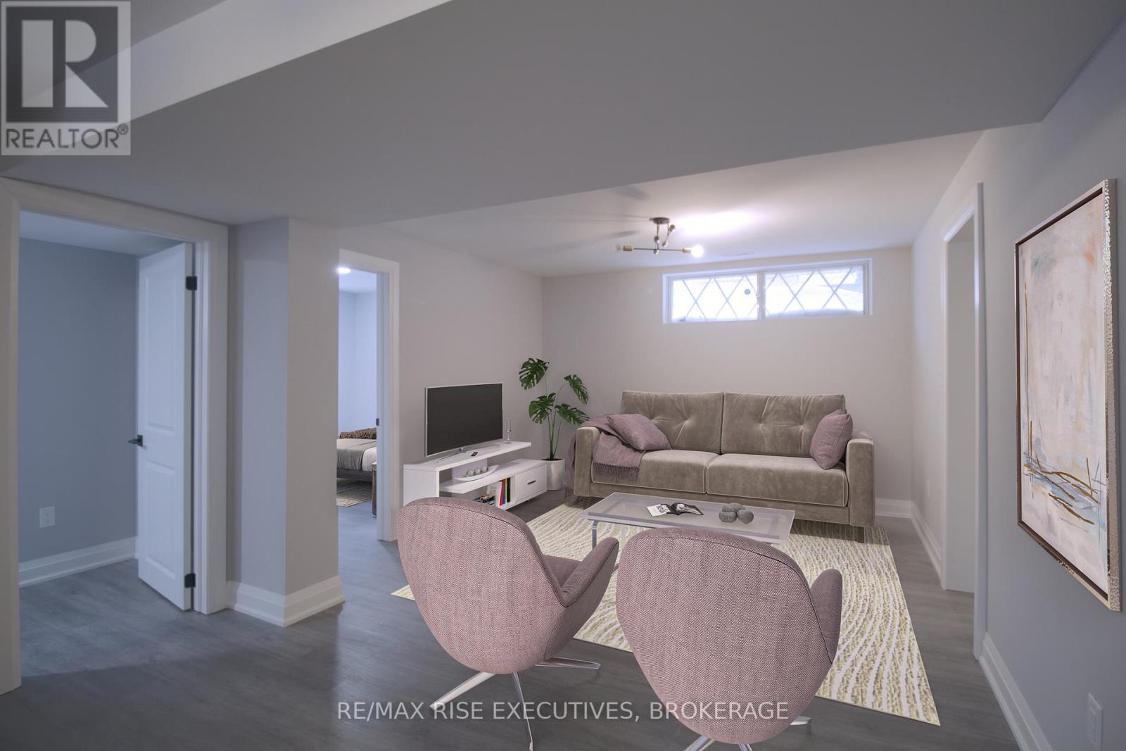 A living room with a couch, chairs, and a painting on the wall.