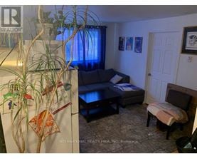 A living room with a couch, chair, and potted plant.