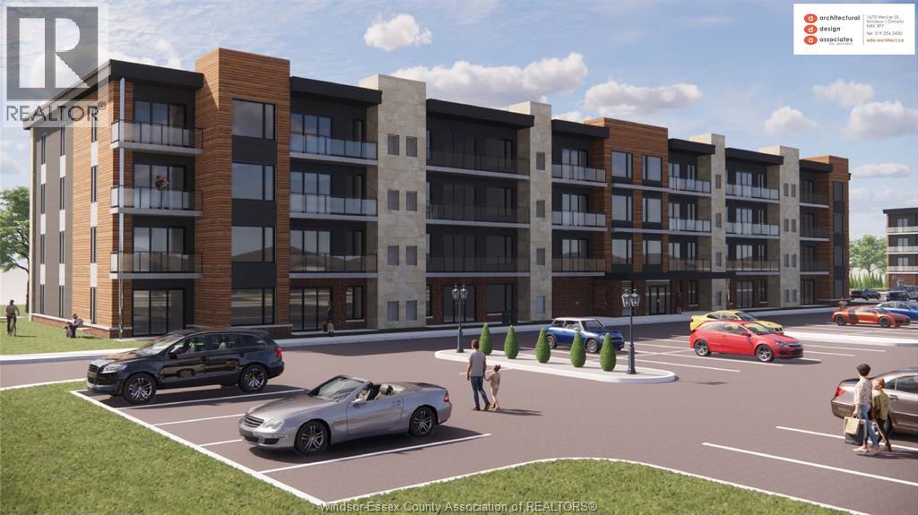 A rendering of a multi-story apartment complex with cars parked in the parking lot.