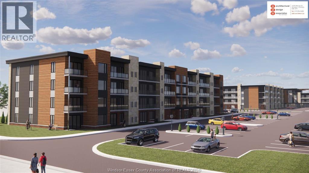 A rendering of a real estate development with apartment buildings and a parking lot.