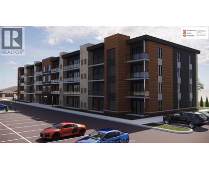 A rendering of a modern apartment complex with cars parked in the foreground.