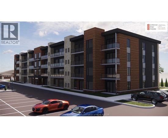 A rendering of a modern apartment complex with cars parked in the foreground.
