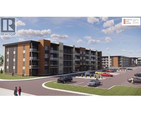 A rendering of a real estate development with apartment buildings and a parking lot.