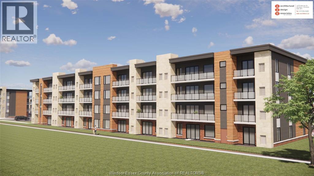 A rendering of a multi-story apartment complex with a clear blue sky in the background.