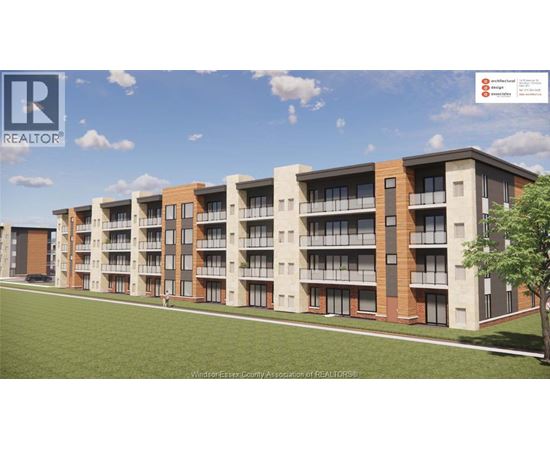 A rendering of a multi-story apartment complex with a clear blue sky in the background.
