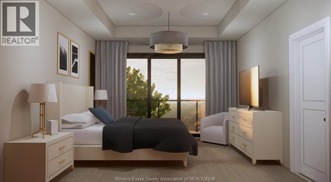 A bedroom with a large bed, two nightstands, and a dresser.