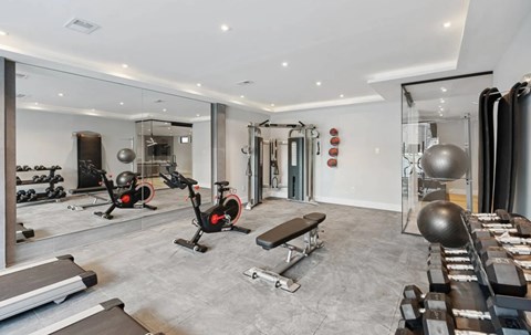 A spacious gym with a variety of equipment including treadmills, weights, and exercise balls.
