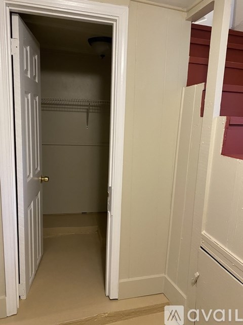 A white door is open to a small closet.