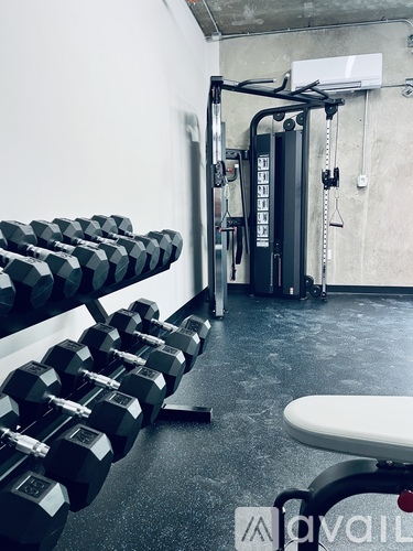 A gym with a row of dumbbells and a weight machine.