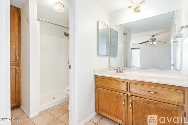 A bathroom with a wooden vanity and a walk-in shower.