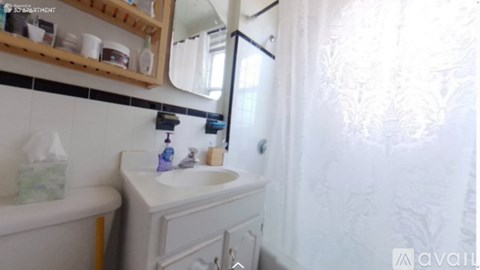A bathroom with a white sink and a mirror above it.