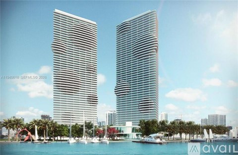 Two modern skyscrapers are depicted in a sunny cityscape.