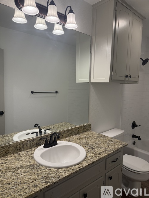 A bathroom with a sink, mirror, toilet and cabinetry.