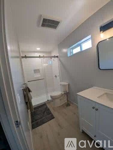 A bathroom with a walk-in shower, toilet, and sink.