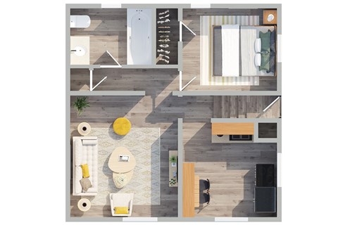 A top-down view of a room with a couch, a chair, a table, a plant, and a yellow ball.