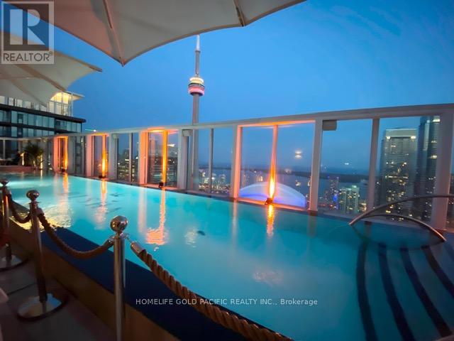 A pool with a view of the city at night.