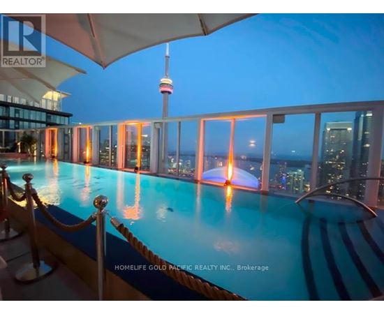 A pool with a view of the city at night.