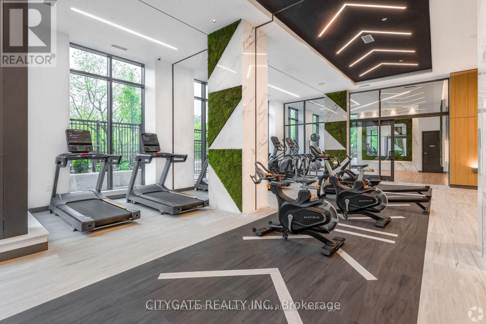A gym with treadmills and exercise bikes.