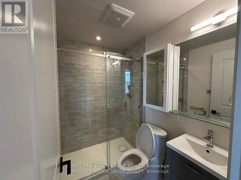A bathroom with a toilet, sink, and glass shower stall.