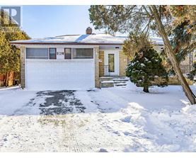 A house with a garage and a tree in the snow.