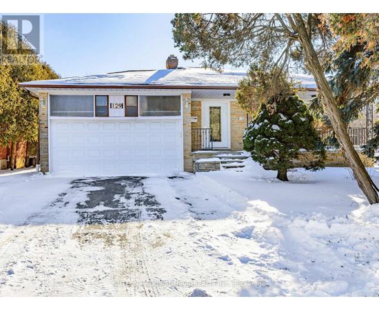 A house with a garage and a tree in the snow.