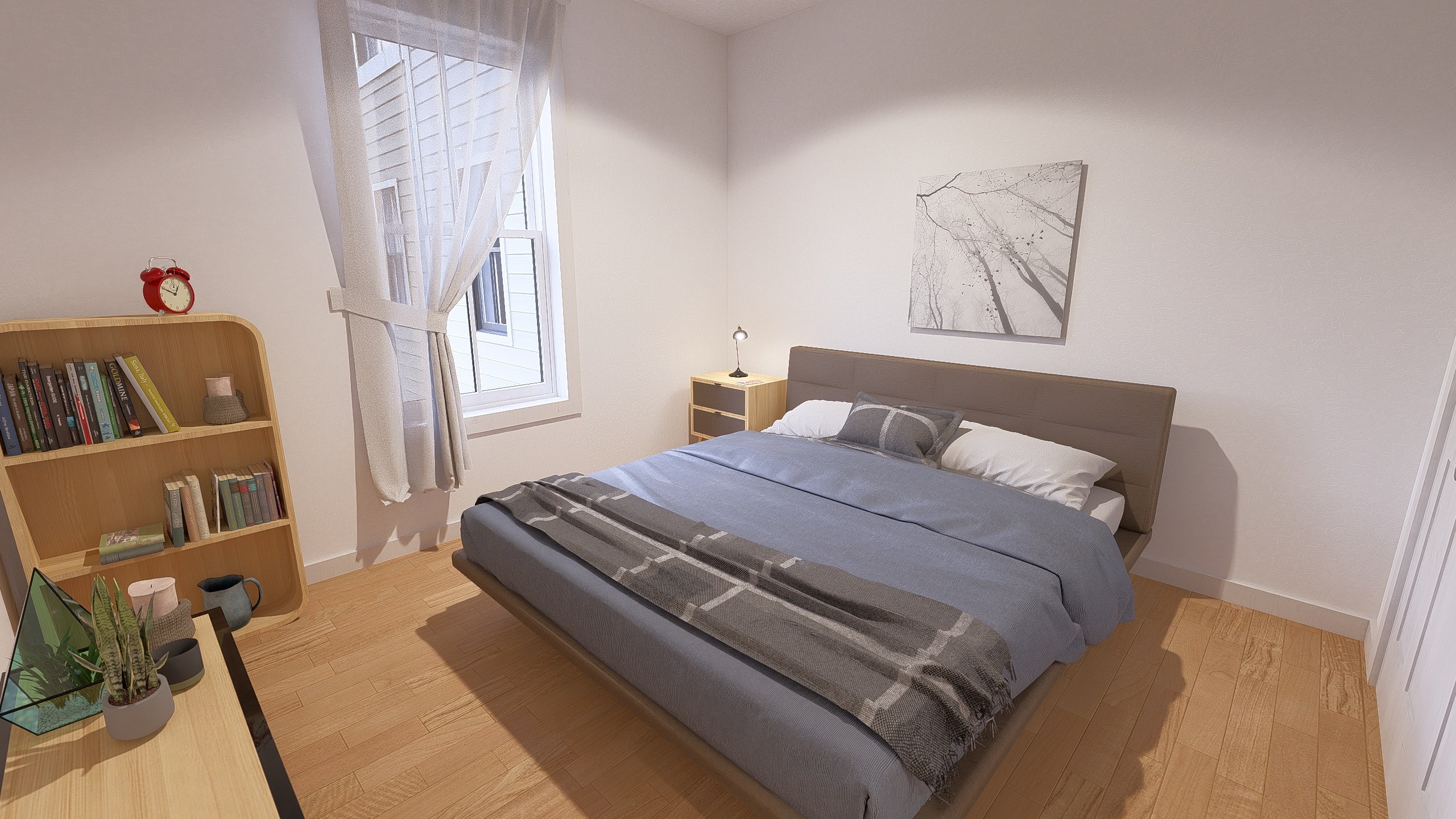 A bedroom with a bed, a bookshelf, and a window.