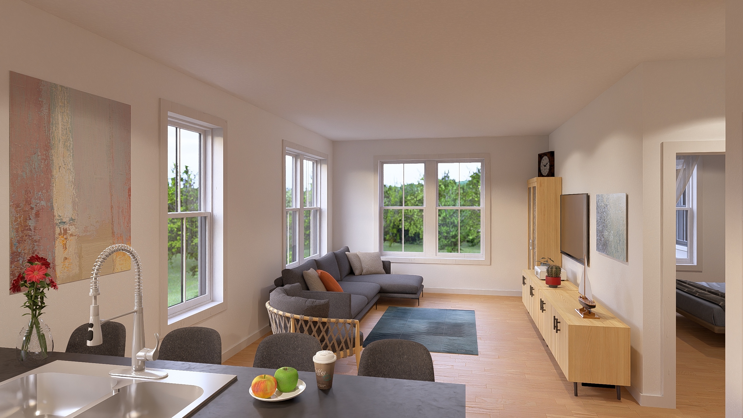 A modern kitchen with a dining table and chairs.