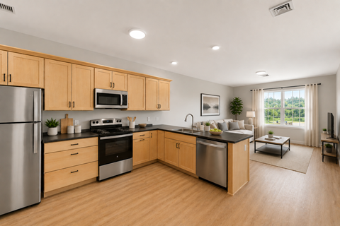 A modern kitchen with wooden cabinets and stainless steel appliances.