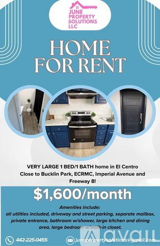 A real estate advertisement for a home for rent, featuring a modern bedroom and a price of $1650 with utilities included.