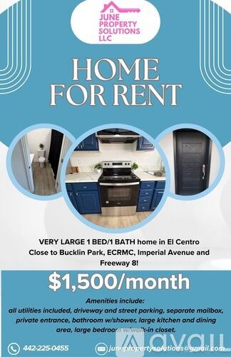 A real estate advertisement for a home for rent, featuring a modern bedroom and a price of $1650 with utilities included.