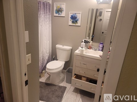 A bathroom with a toilet, sink, and mirror.