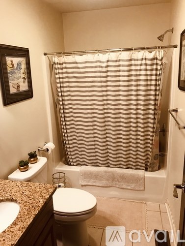A bathroom with a toilet, sink, and shower curtain.