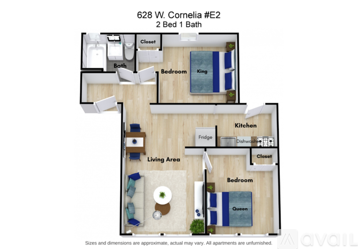 A floor plan of a 2 bedroom, 1 bathroom apartment at 628 W. Cornelia #E2.