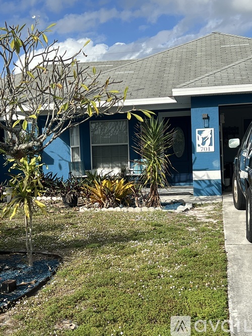 A small tree in front of a blue building with a sign that says 201.