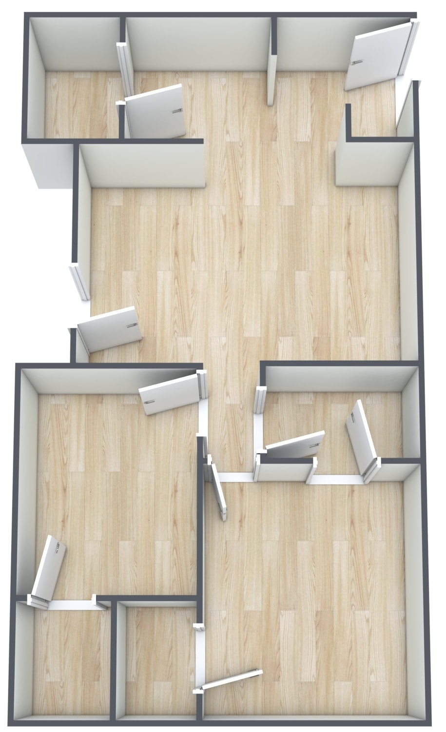 A 3D floor plan of a house with multiple rooms.